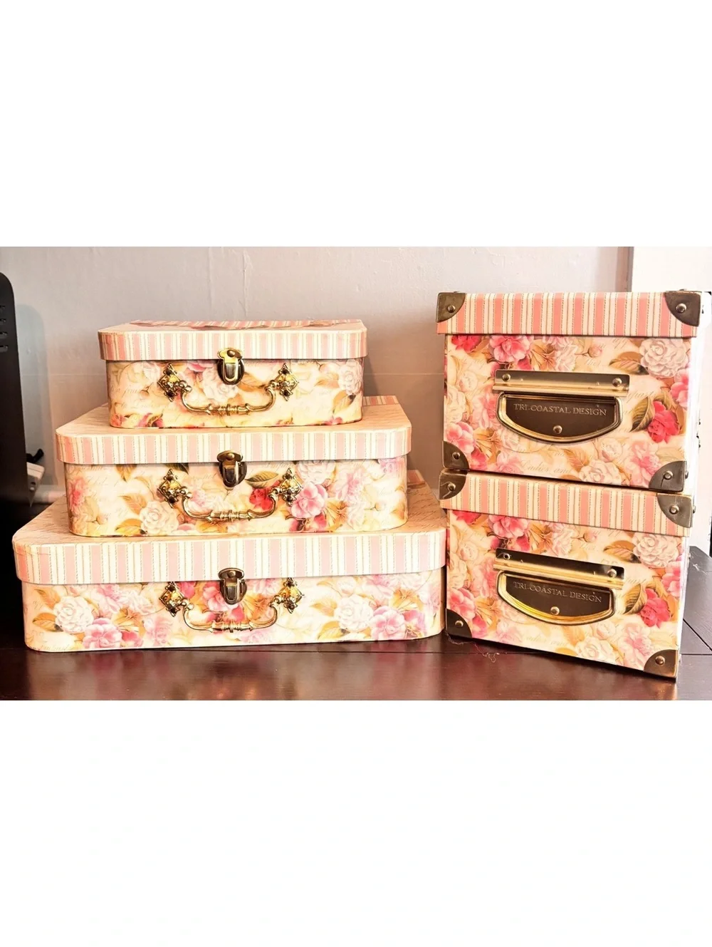Set of 5 Decorative Floral Storage Boxes with Vintage Style Handles and StripedL
